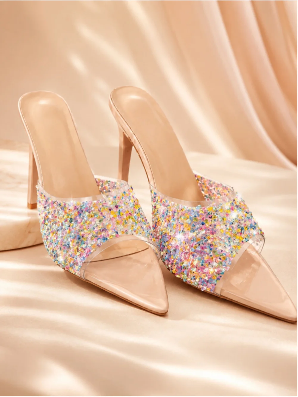 New Glitter PVC Stiletto Pointed-Toe Mule Heels